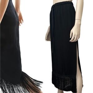 Zara Woman Black Satin Midi Skirt Fringe Tassel Hemline Pockets High Slit Leg